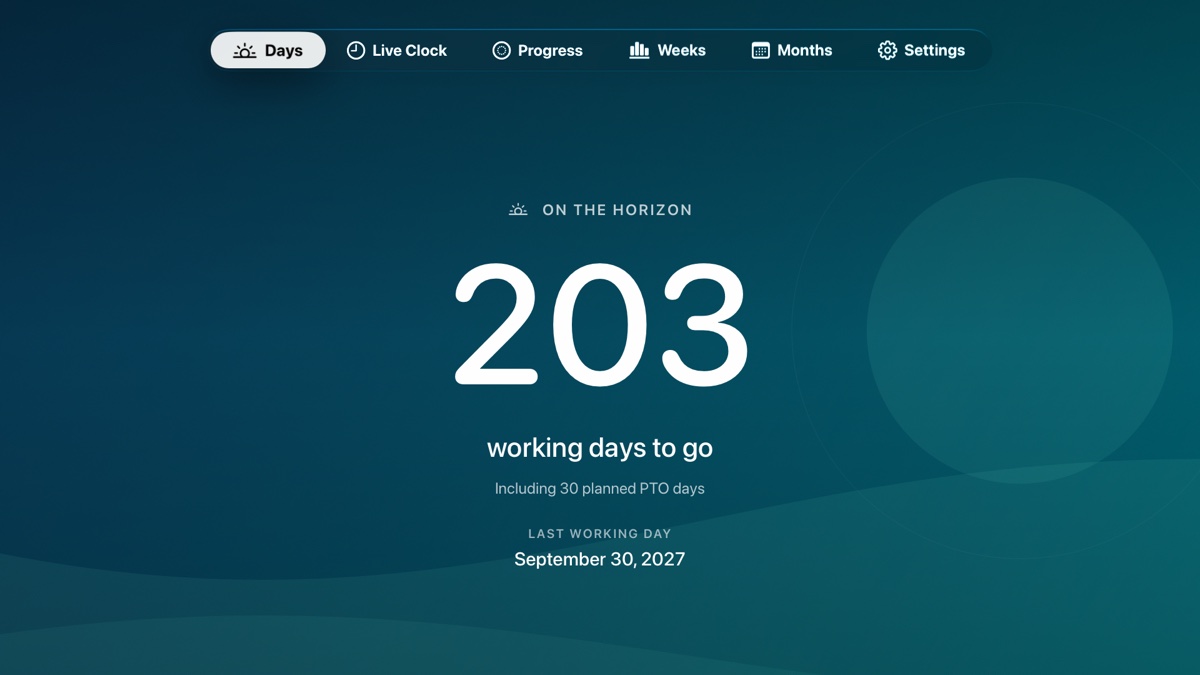 Next Chapter on Apple TV showing 203 working days to retirement
